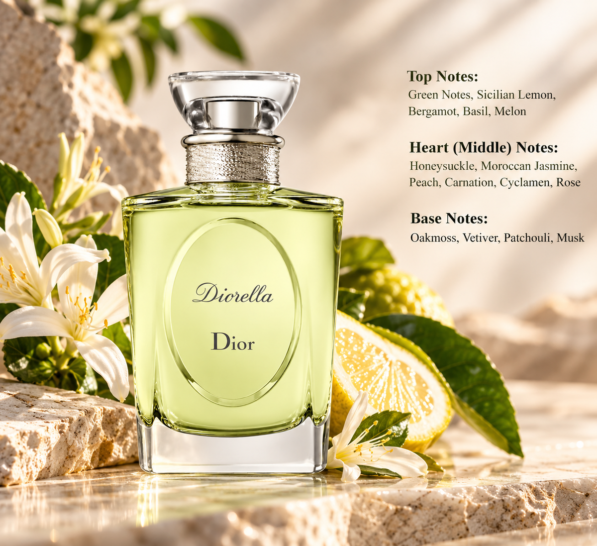 Dior Diorella Eau de Toilette for women, featuring an elegant pale green perfume bottle surrounded by fresh citrus, white flowers and greenery. A classic fresh floral chypre fragrance with Sicilian lemon, bergamot, basil, honeysuckle, Moroccan jasmine, peach, oakmoss, vetiver, patchouli and musk.