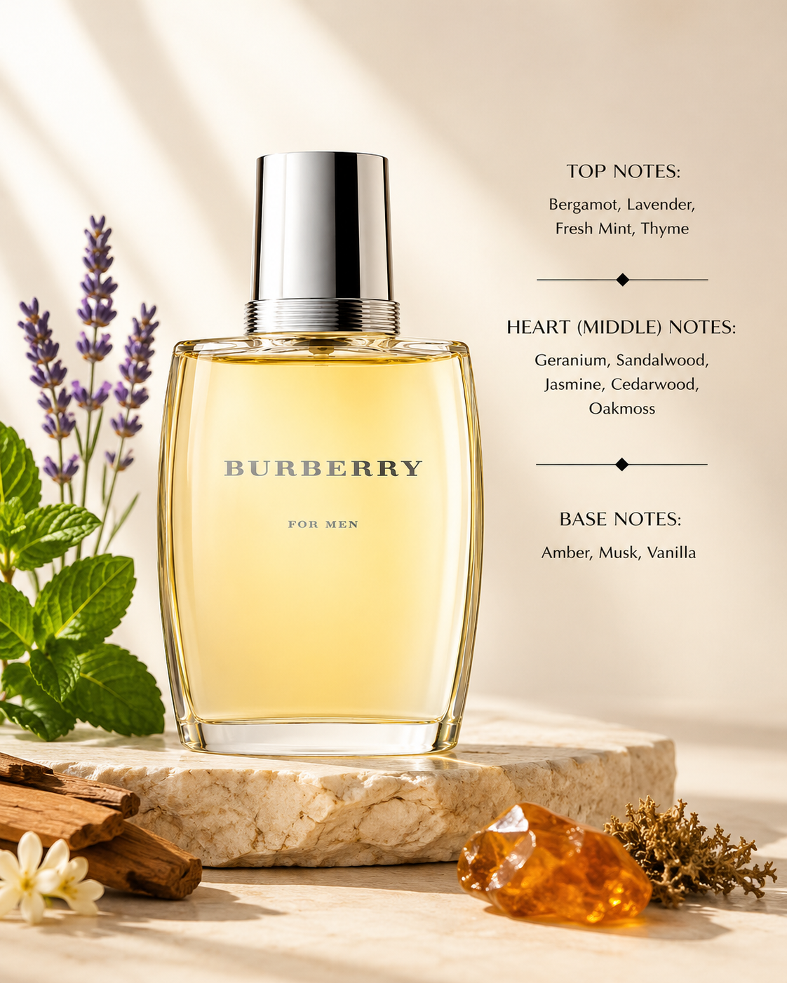 Burberry For Men cologne bottle with a silver cap and pale golden liquid, displayed on a stone slab with botanical and amber props. Text on the right lists the fragrance notes.