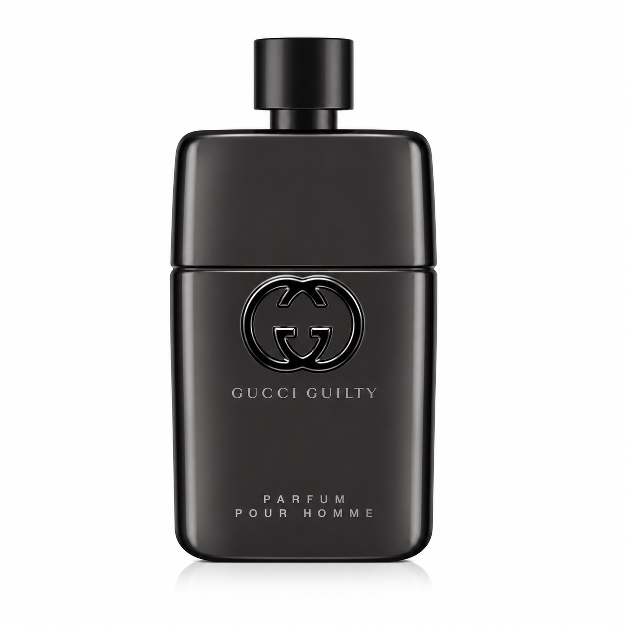 Gucci Guilty Pour Homme Parfum perfume bottle isolated on a white background, featuring a matte black bottle with the iconic interlocking GG logo and matching black cap.