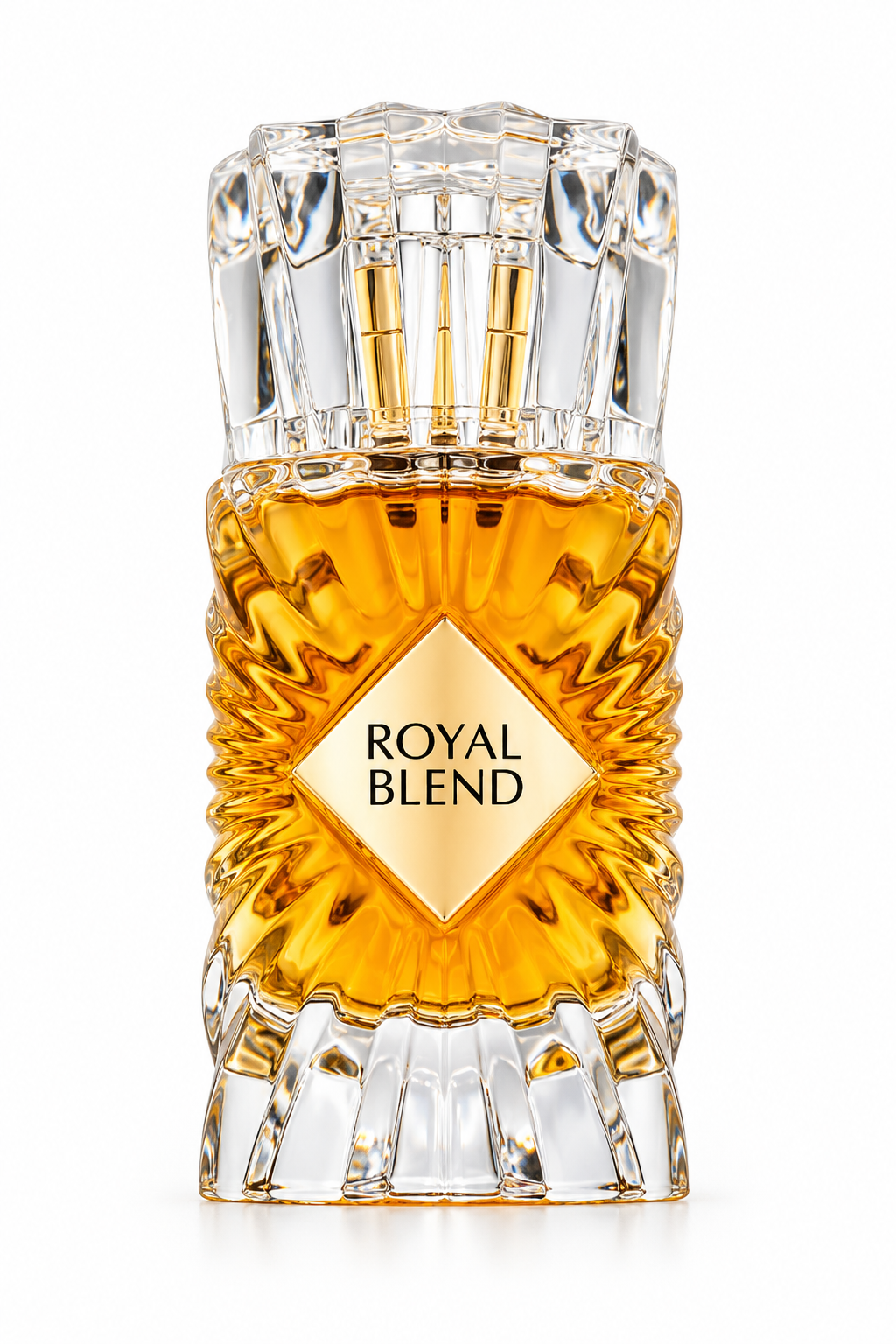 Royal Blend luxury perfume bottle featuring a rich golden amber fragrance, an intricately sculpted crystal-inspired glass design, a transparent faceted cap and an elegant diamond-shaped gold label. Premium fragrance packaging photographed against a pure white background.
