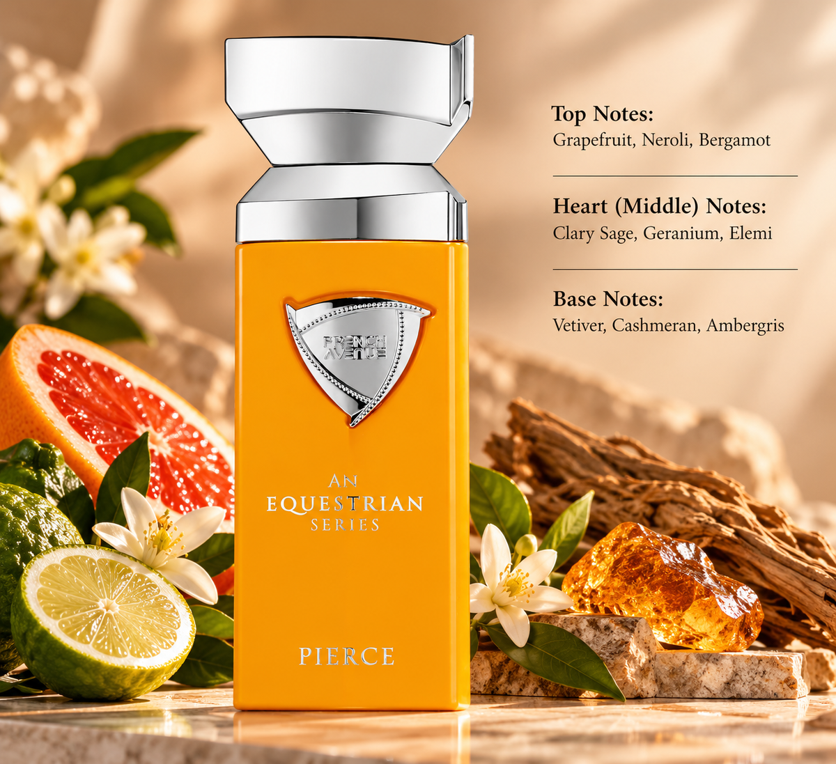 French Avenue Pierce perfume in an elegant warm setting with grapefruit, bergamot, neroli blossoms, vetiver and amber-inspired accents, reflecting its fresh citrus, aromatic and woody fragrance profile.
