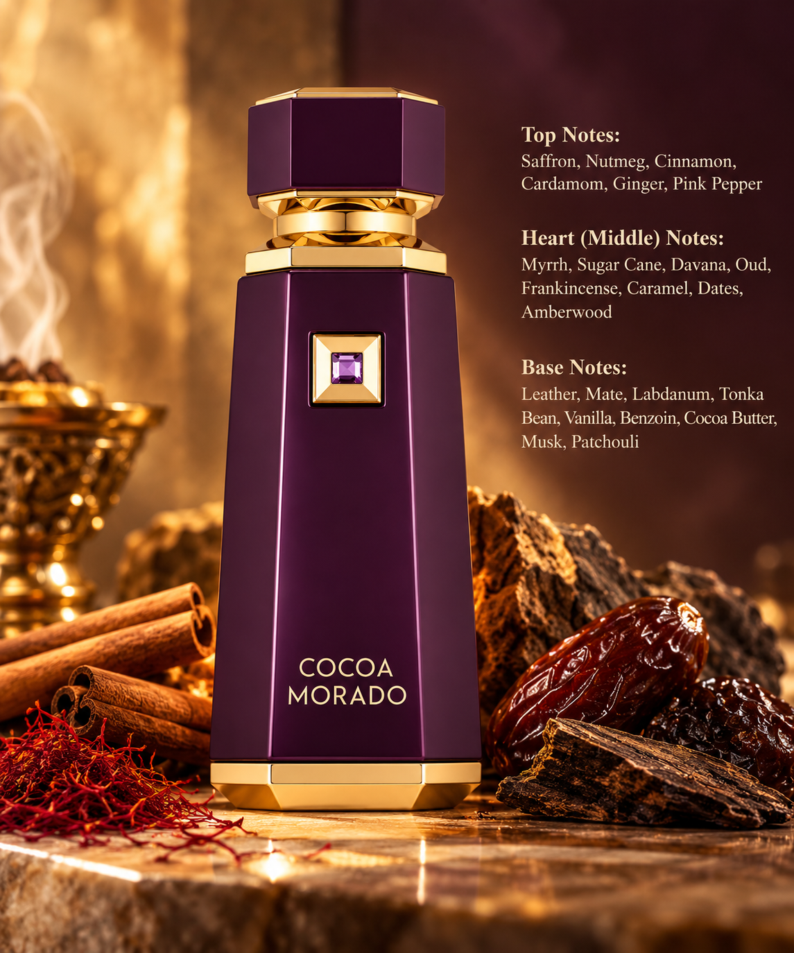 French Avenue Cocoa Morado luxury perfume displayed on warm marble with saffron, cinnamon sticks, rich dates and textured oud wood. Golden lighting highlights the deep purple and gold bottle, inspired by its intense spicy, woody, amber and sweet gourmand fragrance notes.
