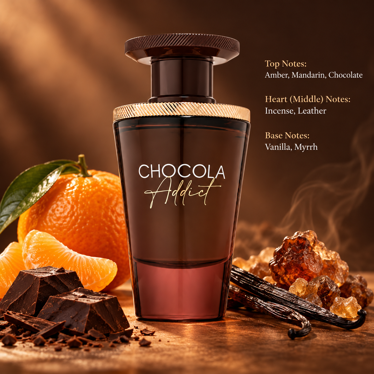 French Avenue Chocola Addict perfume displayed in a warm, luxurious setting with dark chocolate, fresh mandarin, vanilla pods and golden amber resin. Rich brown tones and soft lighting highlight its indulgent chocolate, amber, leather, incense and vanilla fragrance notes.