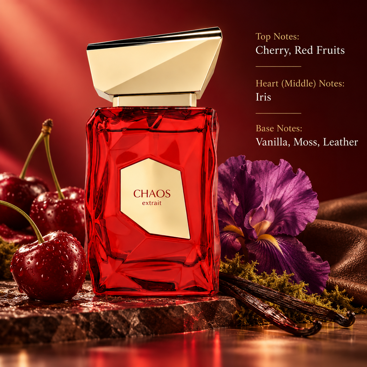 Chaos Extrait perfume displayed in a luxurious deep-red setting with ripe cherries, purple iris flowers, vanilla pods, moss and leather accents. Elegant fragrance composition highlighting sweet cherry, red fruits, floral iris and warm vanilla notes with a sophisticated leather base.
