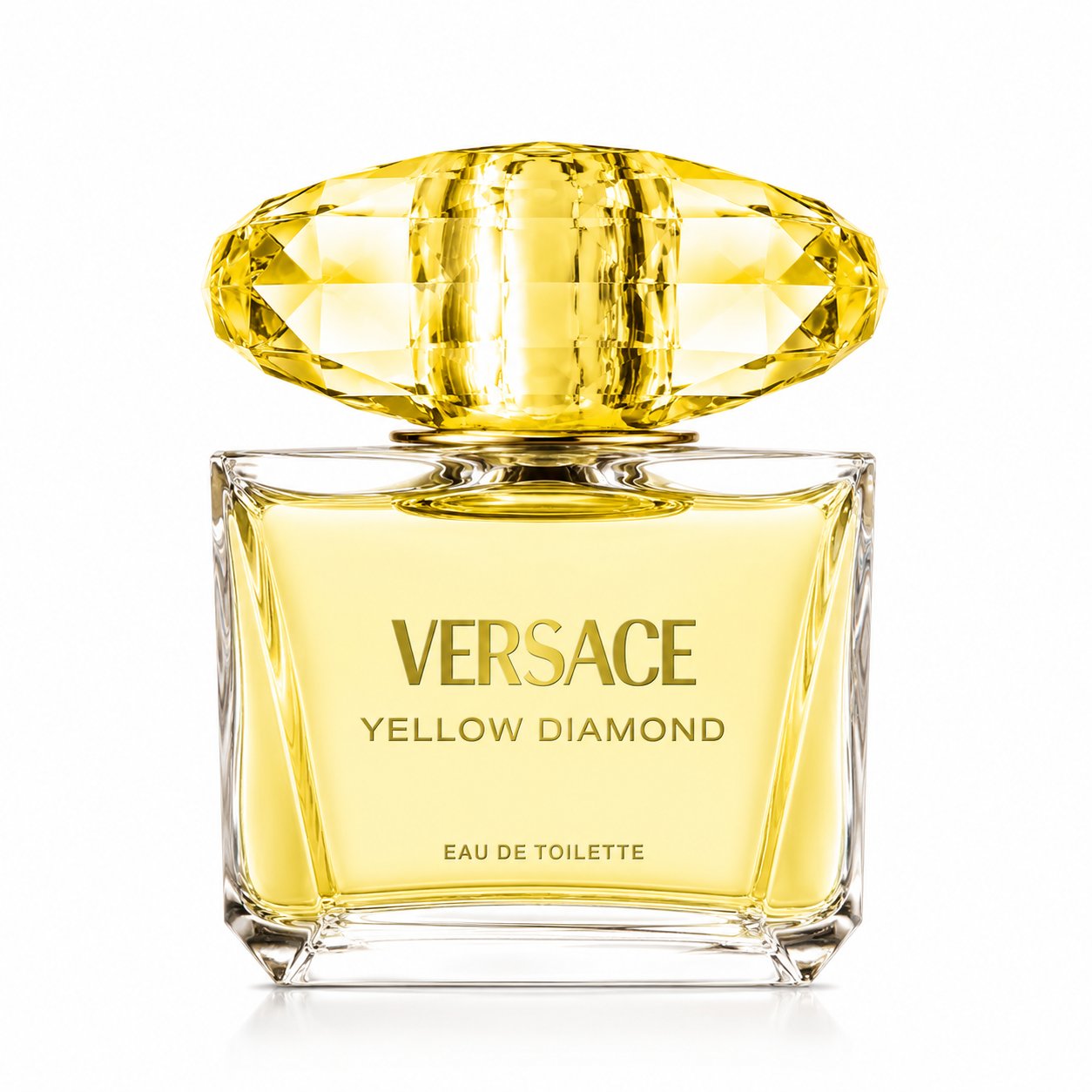 Versace Yellow Diamond Eau de Toilette bottle isolated on a white background, featuring a clear square glass bottle filled with luminous yellow fragrance, topped with a large faceted yellow crystal-inspired cap, reflecting the perfume's bright, elegant, and radiant character.