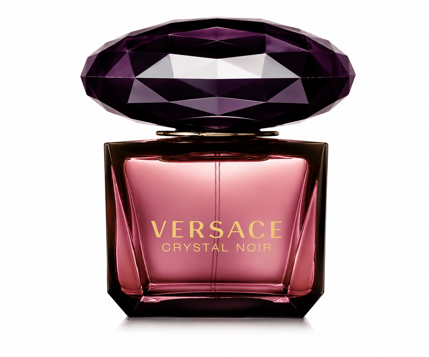 Versace Crystal Noir Eau de Parfum bottle isolated on a white background, featuring a transparent deep plum-colored glass bottle with elegant gold lettering and an oversized faceted dark purple crystal cap, showcasing its luxurious and sophisticated design.