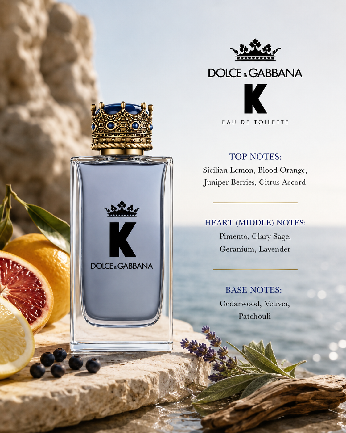 Dolce & Gabbana K Eau de Toilette fragrance notes presentation featuring the elegant frosted blue bottle with its signature gold crown cap, displayed on a Mediterranean stone surface overlooking the sea. Fresh Sicilian lemons, blood orange slices, juniper berries, lavender, clary sage and cedarwood create a visual representation of the fragrance pyramid.