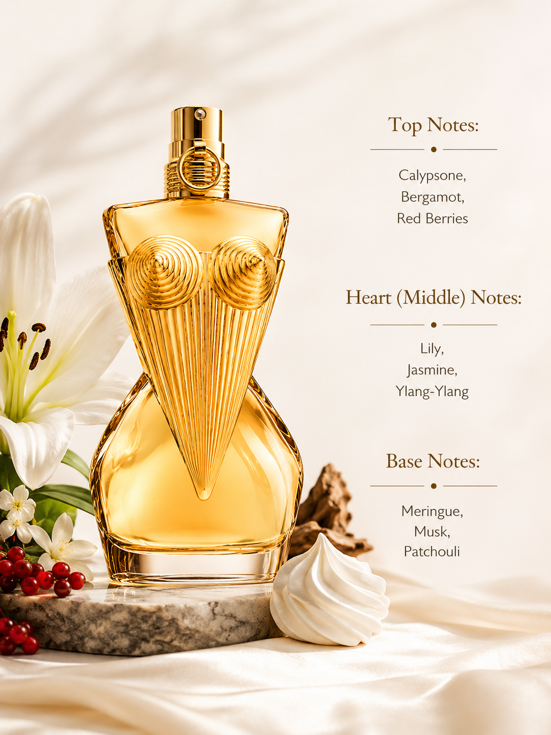 Jean Paul Gaultier Classique Eau de Toilette displayed with its fragrance notes, surrounded by white lily flowers, red berries, driftwood, and a swirl of meringue, highlighting its floral gourmand fragrance composition with bergamot, jasmine, ylang-ylang, musk, patchouli, and sweet meringue.