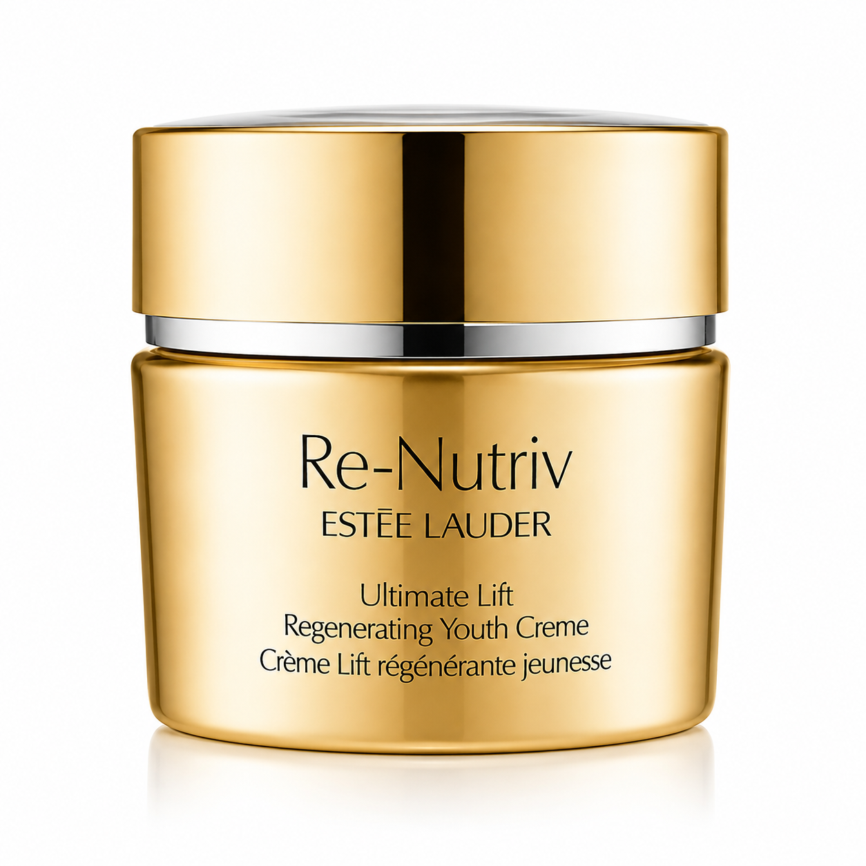 Estée Lauder Re-Nutriv Ultimate Lift Regenerating Youth Creme presented in a luxurious metallic gold jar with elegant black typography, a polished reflective gold lid accented by a refined silver band, and premium craftsmanship. Displayed upright on a flawless pure white background with high-end studio lighting, crisp reflections, subtle natural shadows, and exceptional detail that showcases the mirror-like metallic finish.