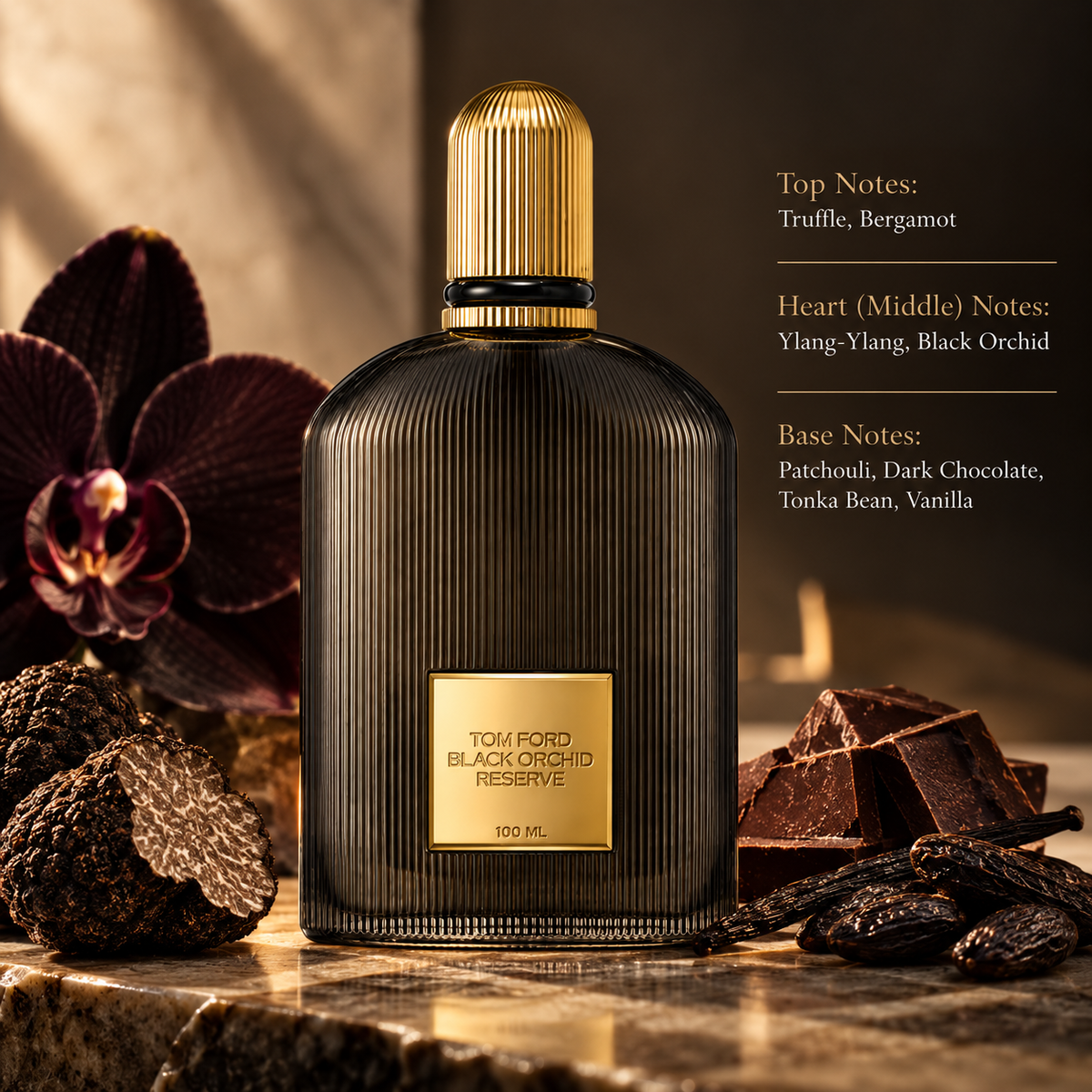Tom Ford Black Orchid Reserve in a rich, luxurious composition inspired by its dark floral and gourmand character, featuring truffle and bergamot, ylang-ylang and black orchid, with patchouli, dark chocolate, tonka bean and vanilla in the base.