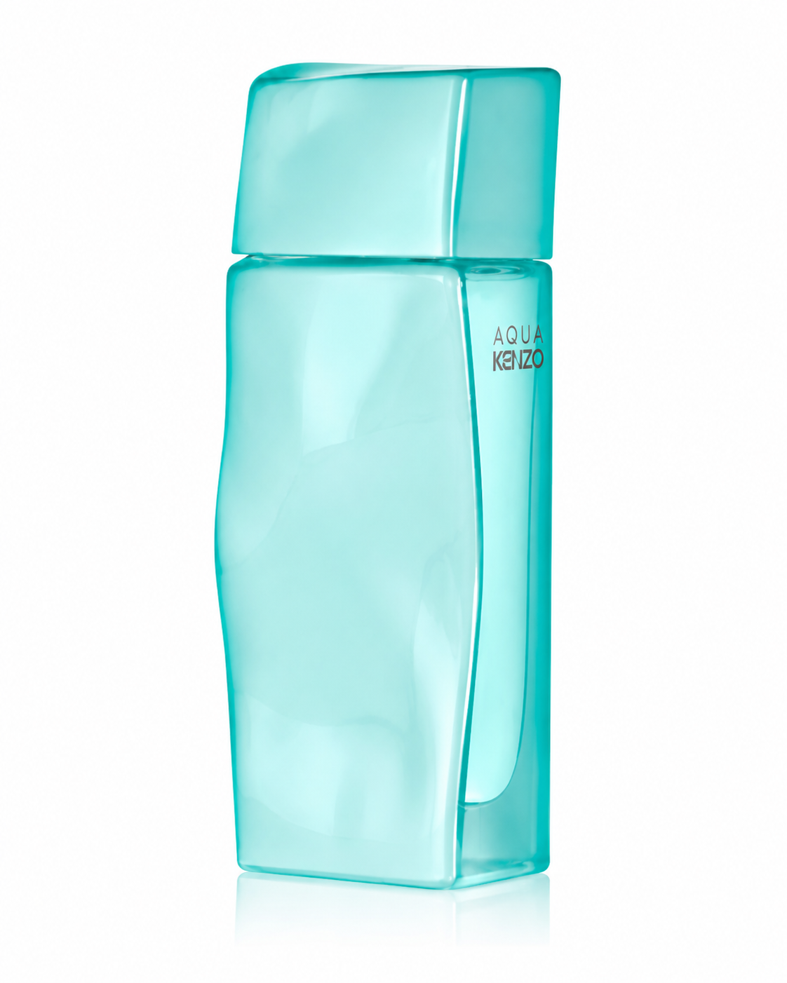 Kenzo Aqua Kenzo pour Femme fragrance bottle, front-facing and centered on a pure white background. Preserve the exact tall asymmetric rectangular bottle from the reference image, translucent aqua-turquoise glass, matching sculptural turquoise cap, softly curved side profile, glossy finish, and exact AQUA KENZO branding positioned on the upper-right side of the bottle. Bright clean studio lighting, realistic glass transparency and reflections, subtle grounding shadow and faint reflection beneath.