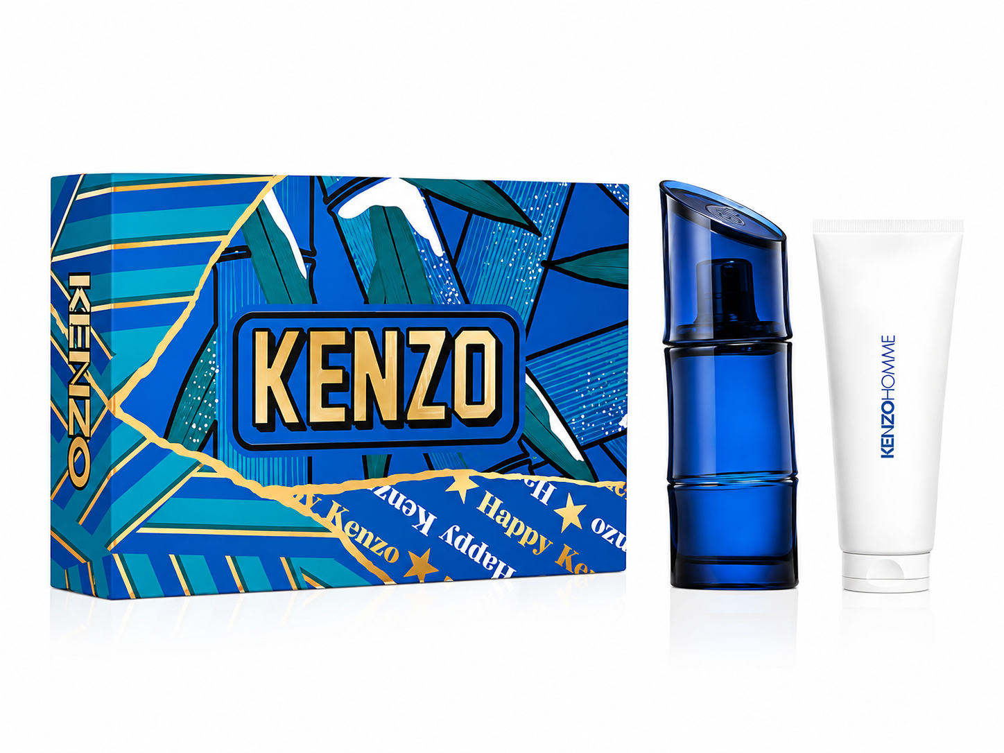 Kenzo Homme gift set featuring a blue Eau de Toilette bottle and matching body care tube in a colorful blue Kenzo presentation box.
