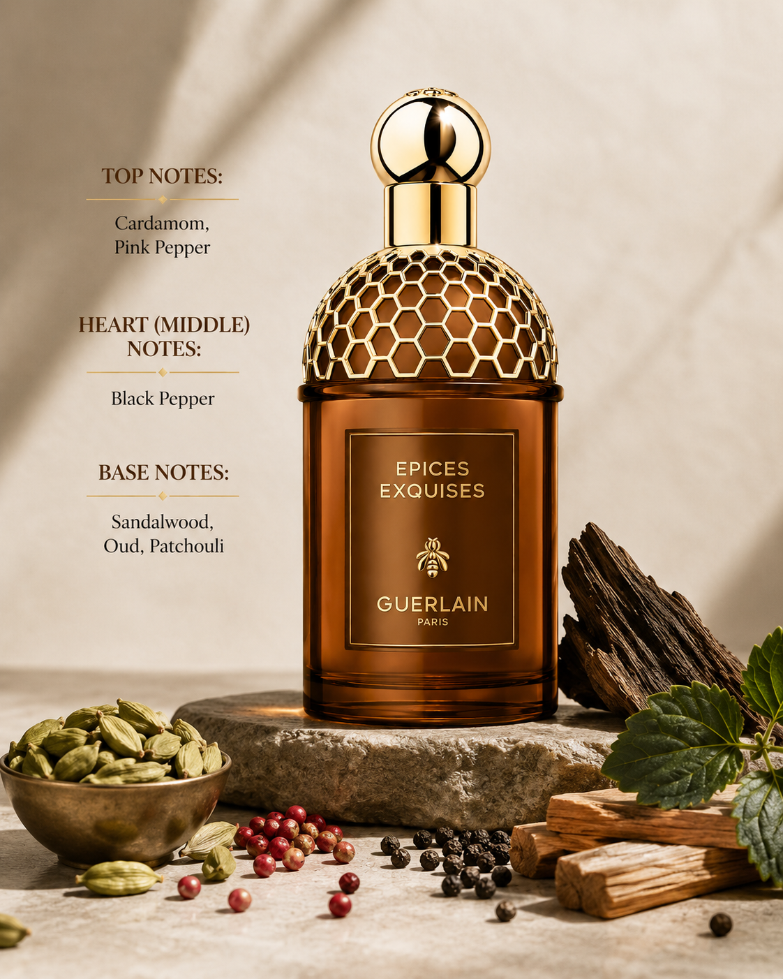 Guerlain L'Art & La Matière Épices Exquises Eau de Parfum elegantly displayed on a natural stone pedestal within an opulent, warm-toned luxury setting inspired by an exotic spice atelier. The amber bottle with its signature golden honeycomb cap is surrounded by green cardamom pods, pink peppercorns, black pepper, aged sandalwood, dark oud wood, and rich patchouli leaves, reflecting the fragrance composition. 