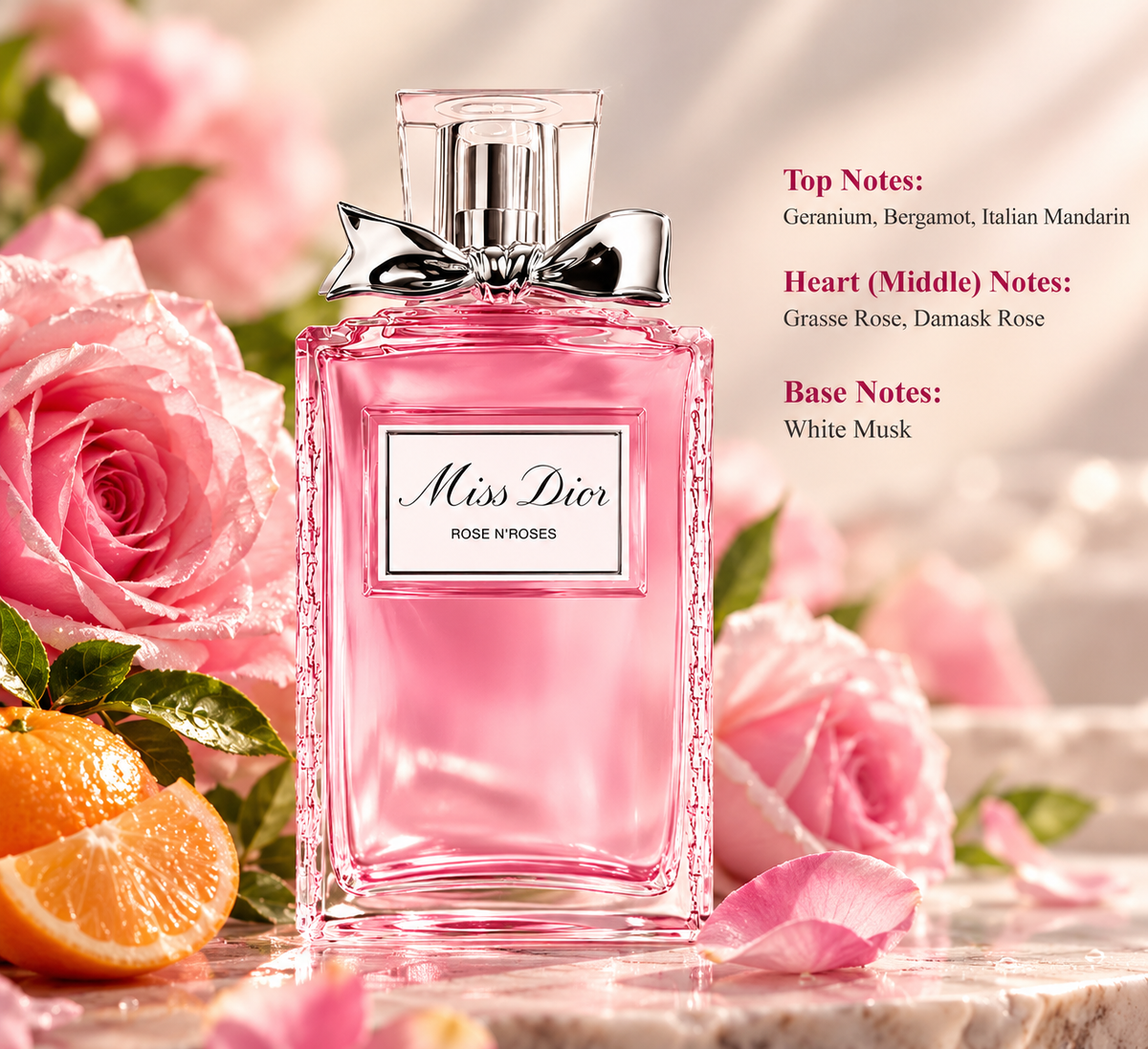 Dior Miss Dior Rose N'Roses Eau de Toilette for women, featuring an elegant pink perfume bottle with a silver bow, surrounded by delicate pink roses and fresh mandarin oranges. A luxurious fresh floral fragrance with geranium, bergamot and Italian mandarin top notes, Grasse rose and Damask rose heart notes, and a soft white musk base.