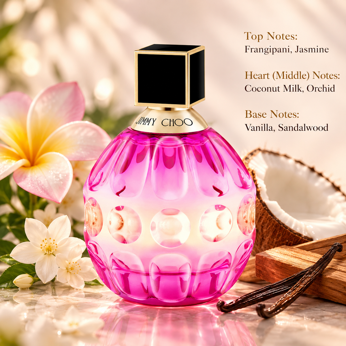 Jimmy Choo Rose Passion women's perfume in a vibrant pink glass bottle with an elegant black and gold cap, surrounded by frangipani, jasmine flowers, coconut and vanilla pods. A luxurious floral gourmand fragrance with creamy coconut milk, delicate orchid, warm vanilla and sandalwood notes, presented in a refined tropical setting.