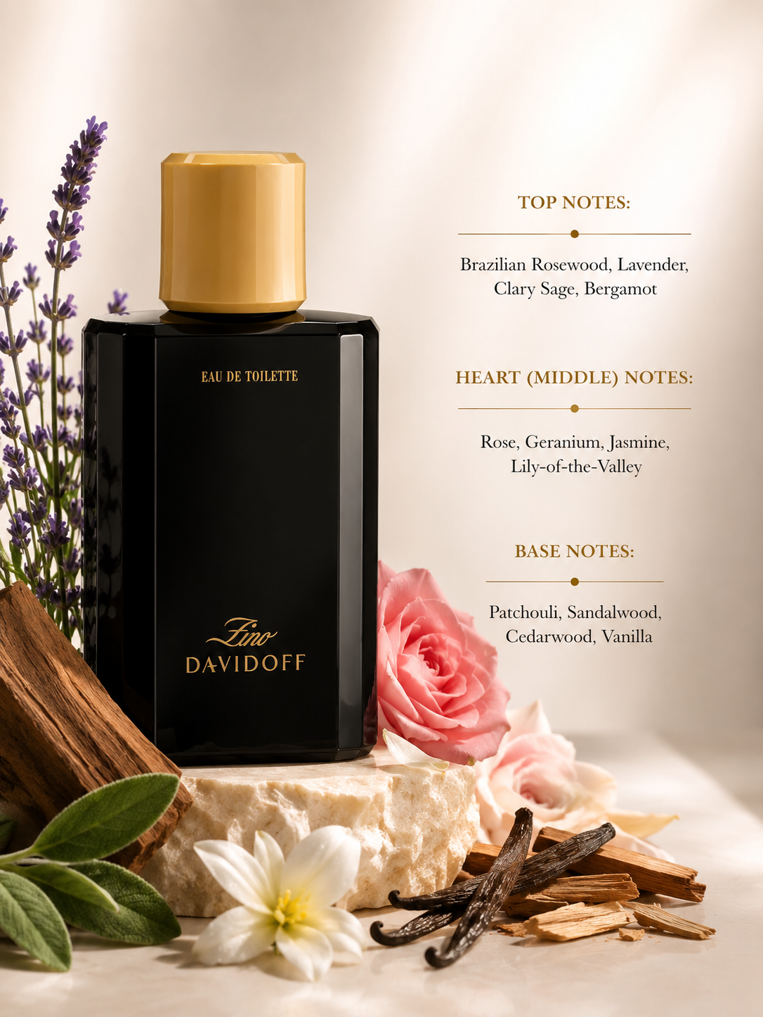 Davidoff Zino Eau de Toilette with fragrance notes, displayed beside lavender, rose, sandalwood, vanilla pods and cedarwood, highlighting its aromatic, floral and warm woody character.
