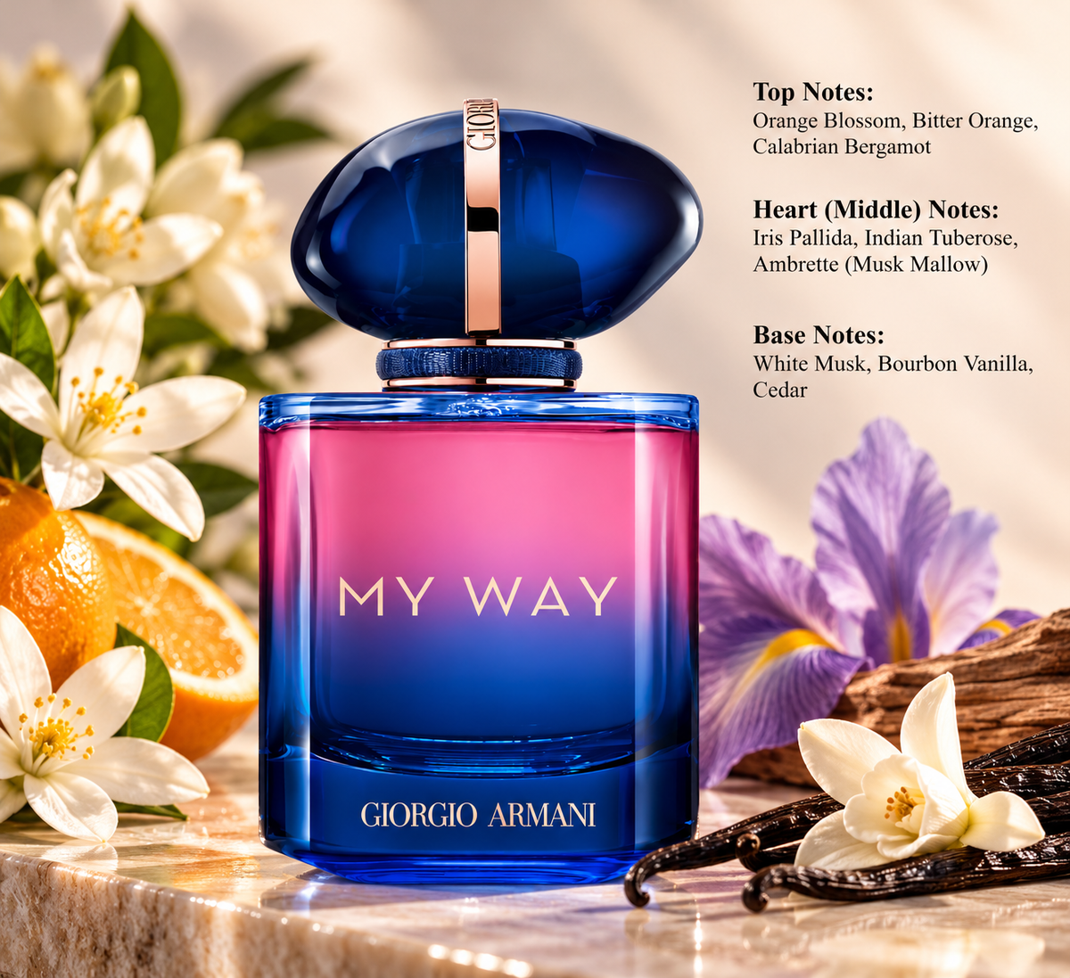 Giorgio Armani My Way Eau de Parfum in a blue and pink gradient bottle, surrounded by orange blossoms, citrus, purple iris flowers and vanilla pods. An elegant women's floral fragrance featuring bergamot, Indian tuberose, ambrette, white musk, Bourbon vanilla and cedar.