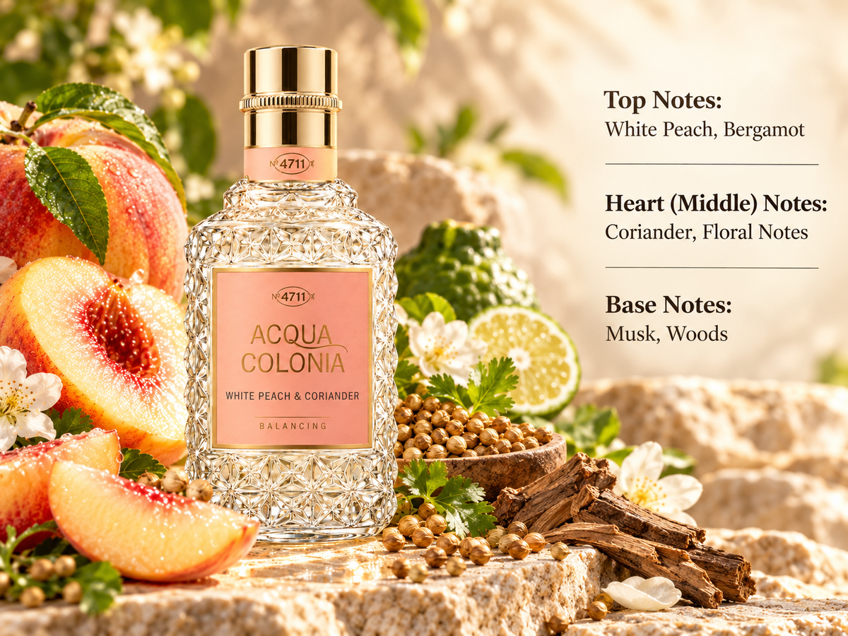 4711 Acqua Colonia White Peach & Coriander fragrance bottle in a warm, elegant setting with juicy white peach, bergamot, coriander seeds, delicate floral accents and natural woods, reflecting its fresh, fruity, aromatic and softly musky scent profile.