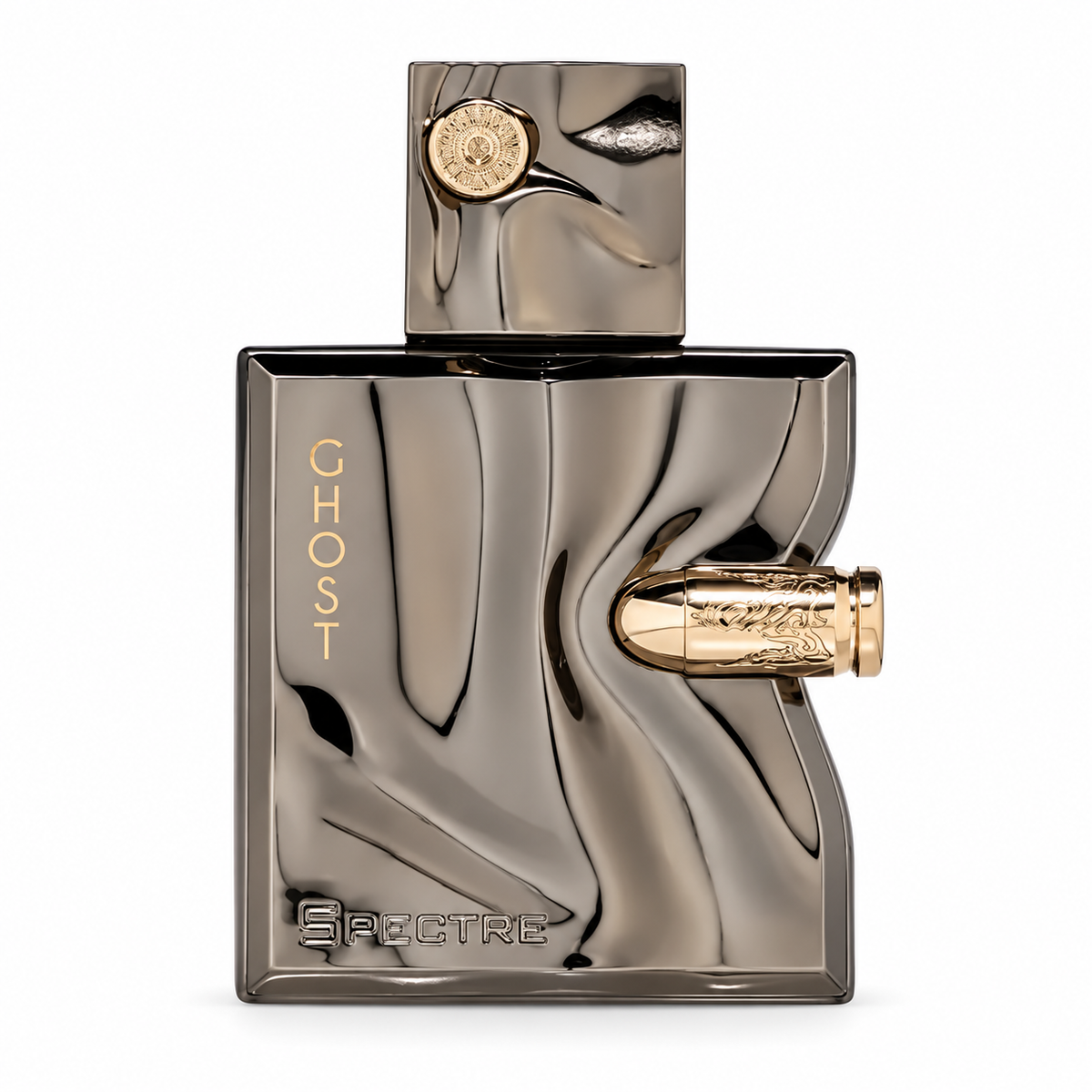 French Avenue Spectre Ghost Eau de Parfum, luxury fragrance presented in a sculptural metallic gunmetal bottle with elegant gold accents, decorative cap and distinctive embossed Spectre branding. Premium Arabic perfume photographed against a pure white background, highlighting its sophisticated design.