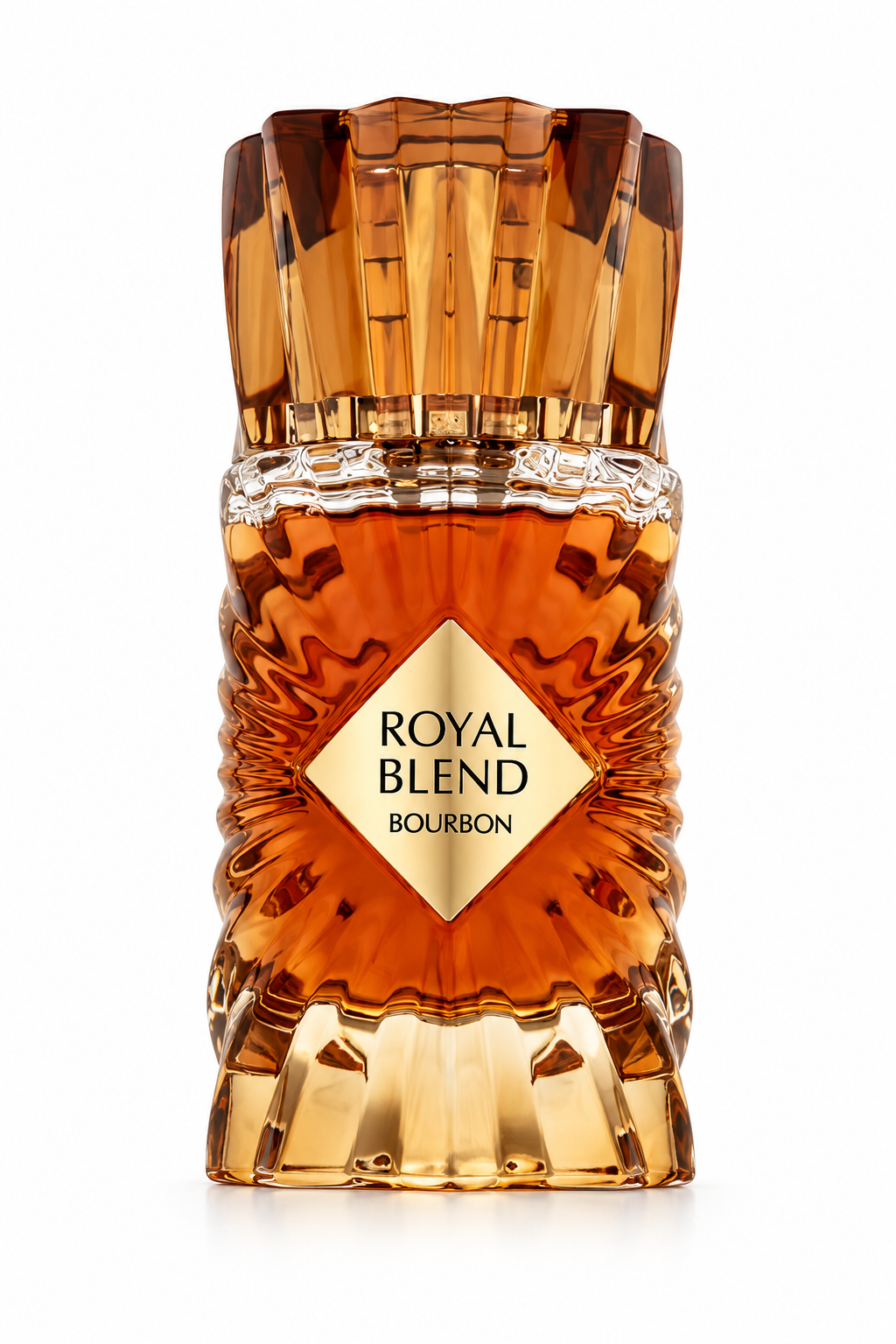 Royal Blend Bourbon luxury perfume bottle featuring a rich amber-colored sculpted glass design, an elegant diamond-shaped gold label and a matching faceted amber cap. Premium fragrance packaging with intricate crystal-inspired detailing, photographed against a pure white background.