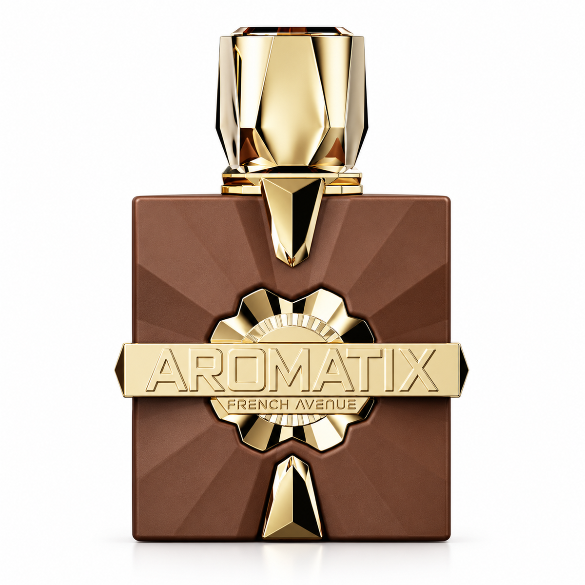 French Avenue Aromatix luxury perfume featuring a sophisticated matte brown square bottle with a geometric design, faceted gold cap and prominent gold Aromatix branding. Elegant fragrance bottle photographed against a pure white background.