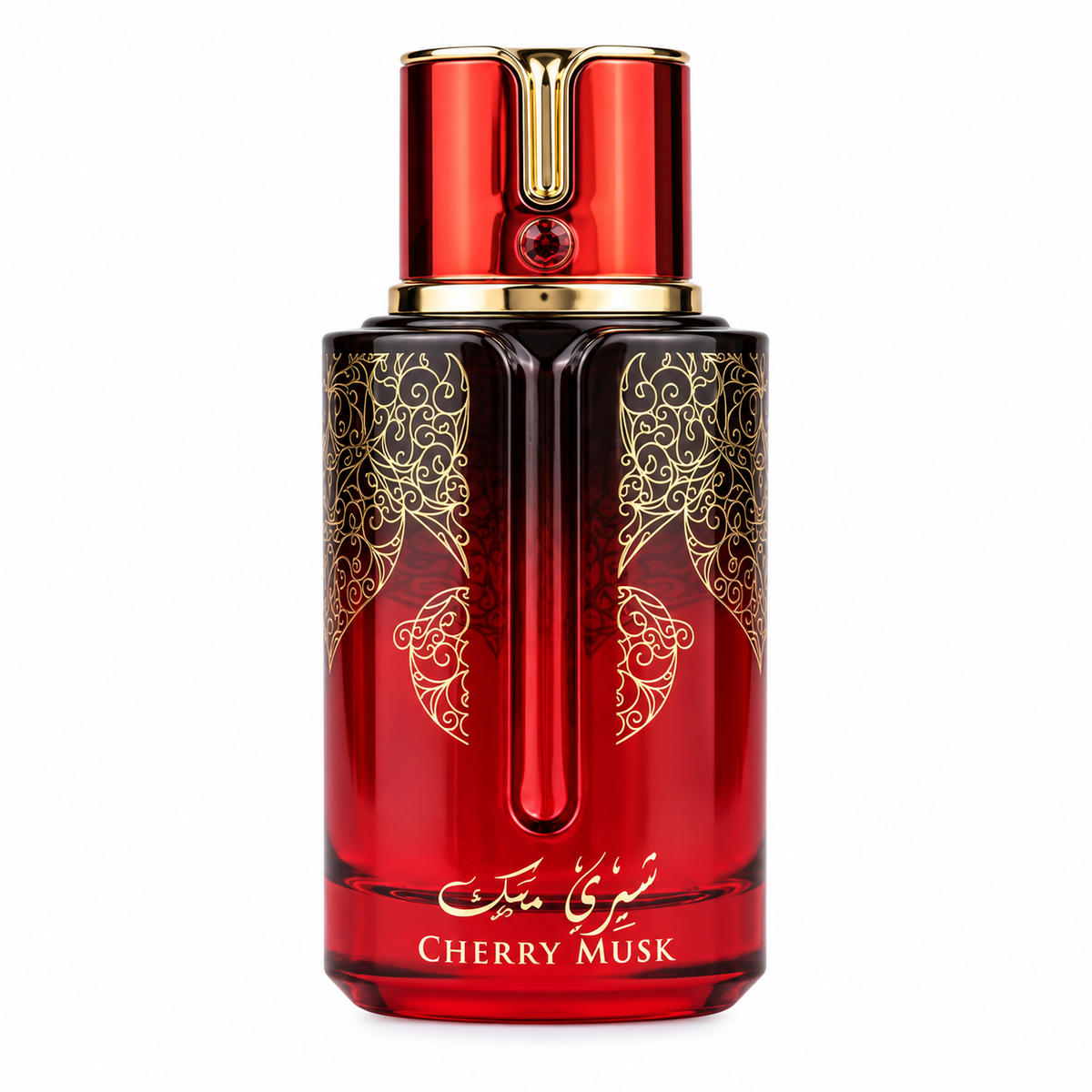 Arabiyat Prestige Cherry Musk 100ml EDP, featuring a striking ruby-red bottle with intricate gold ornamental detailing, a glossy red and gold cap with jewel accent, presented against a pristine white background.