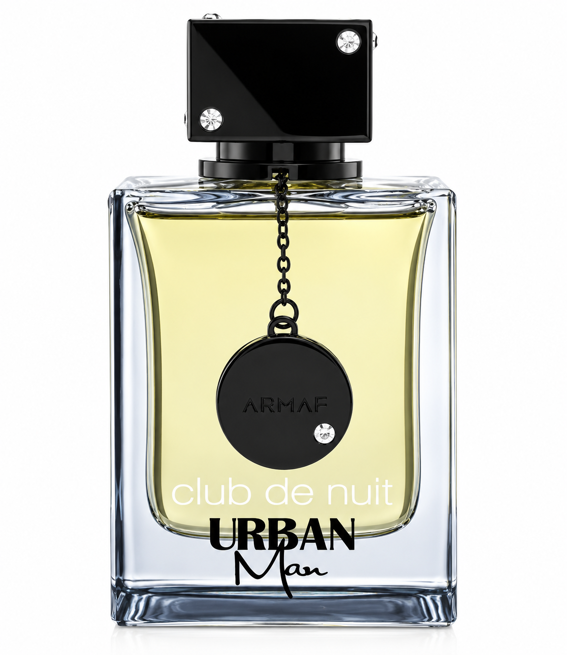 Armaf Club De Nuit Urban Man 100ml EDP, featuring its clear rectangular glass bottle with pale golden fragrance, glossy black rectangular cap with crystal details and signature hanging ARMAF medallion, isolated on a clean white background.