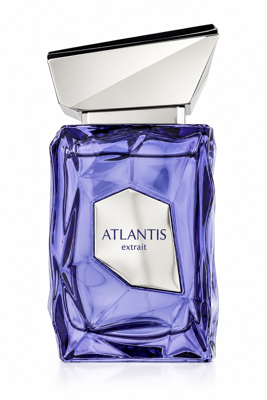 Atlantis Extrait luxury perfume featuring a striking violet-blue glass bottle with sculpted geometric details, an asymmetrical silver cap and a metallic silver front label. Elegant premium fragrance bottle photographed against a pure white background.