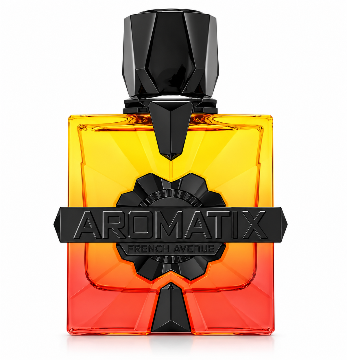 French Avenue Aromatix luxury perfume featuring a striking yellow-to-orange gradient glass bottle with a geometric design, glossy black faceted cap and bold black Aromatix branding. Premium fragrance bottle photographed against a pure white background.