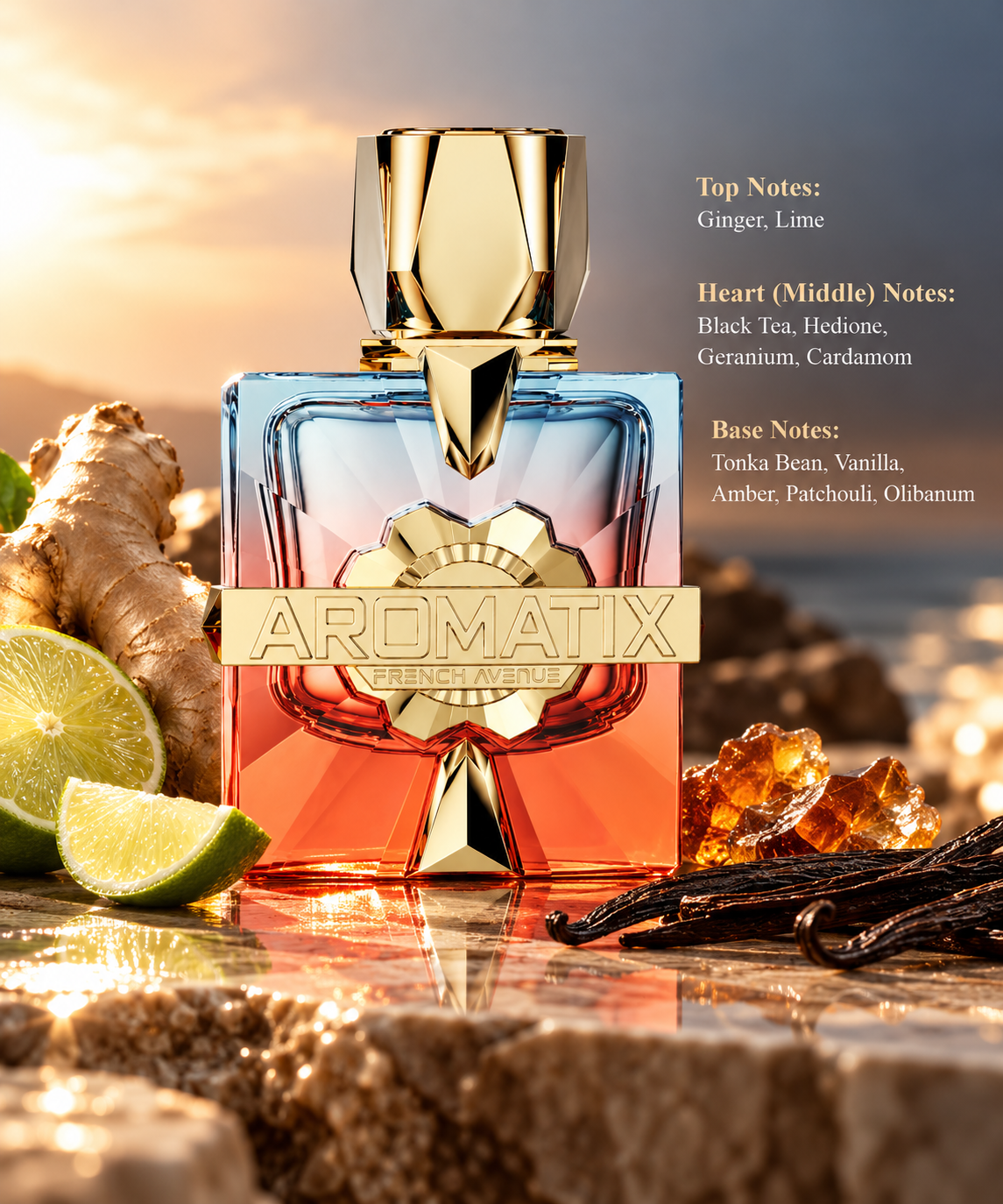 French Avenue Aromatix perfume displayed in an elegant coastal-inspired setting with fresh ginger, sliced lime, warm amber resin and vanilla pods. A luxurious spicy citrus fragrance featuring black tea, cardamom, tonka bean, patchouli and olibanum notes.