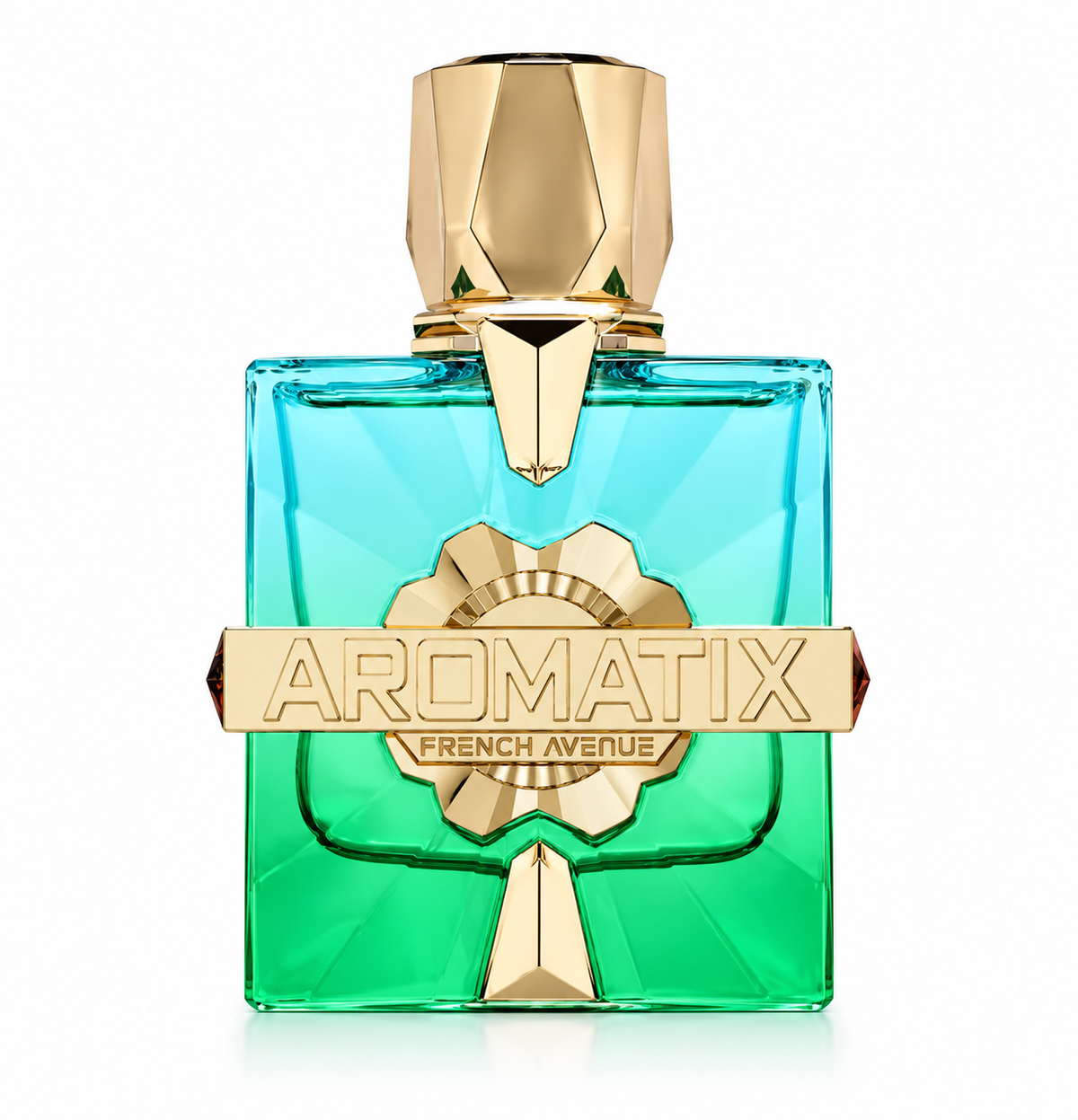 French Avenue Aromatix luxury perfume featuring a striking turquoise-blue and emerald-green glass bottle with a faceted gold cap and elegant gold Aromatix branding. Premium fragrance bottle photographed against a clean white background.