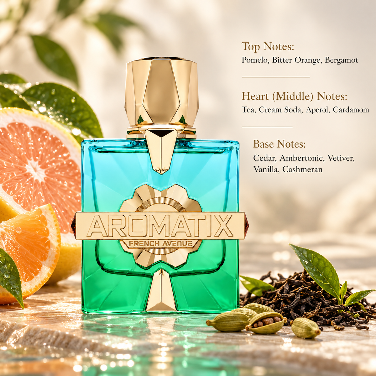 French Avenue Aromatix perfume in a luxurious citrus-inspired setting with fresh pomelo, orange slices, tea leaves and cardamom. An elegant fragrance composition featuring bergamot, cream soda, cedar, vetiver, vanilla and warm woody notes.