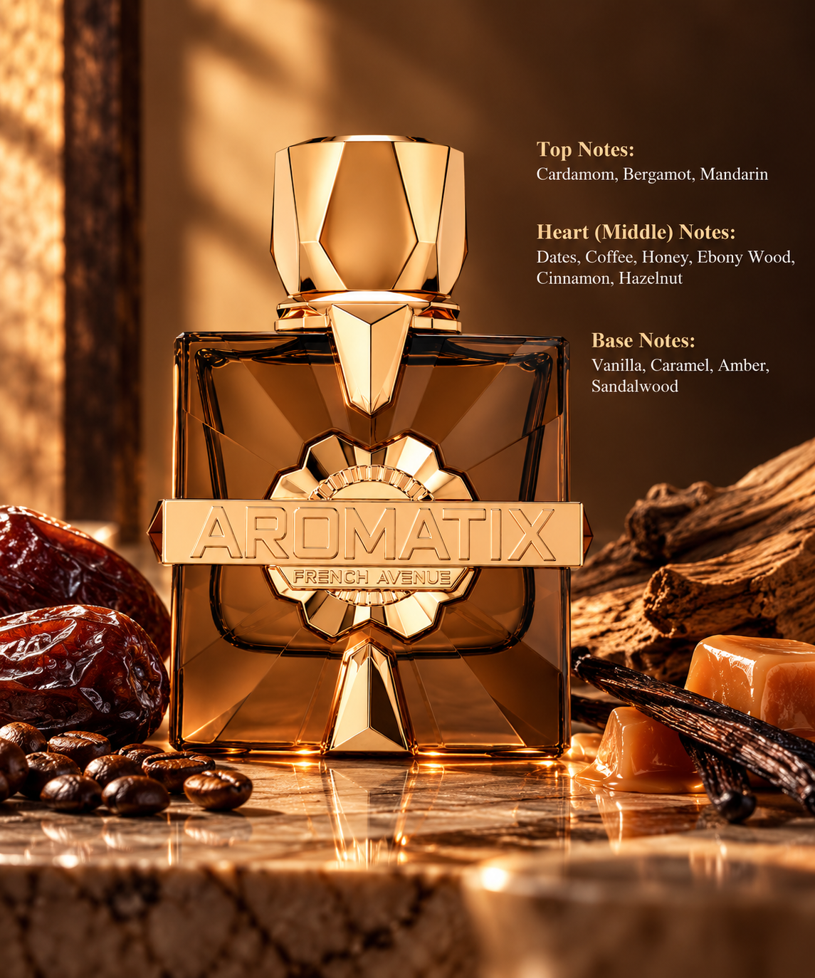 French Avenue Aromatix luxury perfume in an elegant amber-brown glass bottle with gold detailing, displayed alongside dates, coffee beans, caramel, vanilla pods and warm woods. A rich gourmand fragrance featuring cardamom, honey, hazelnut, cinnamon, amber and sandalwood.