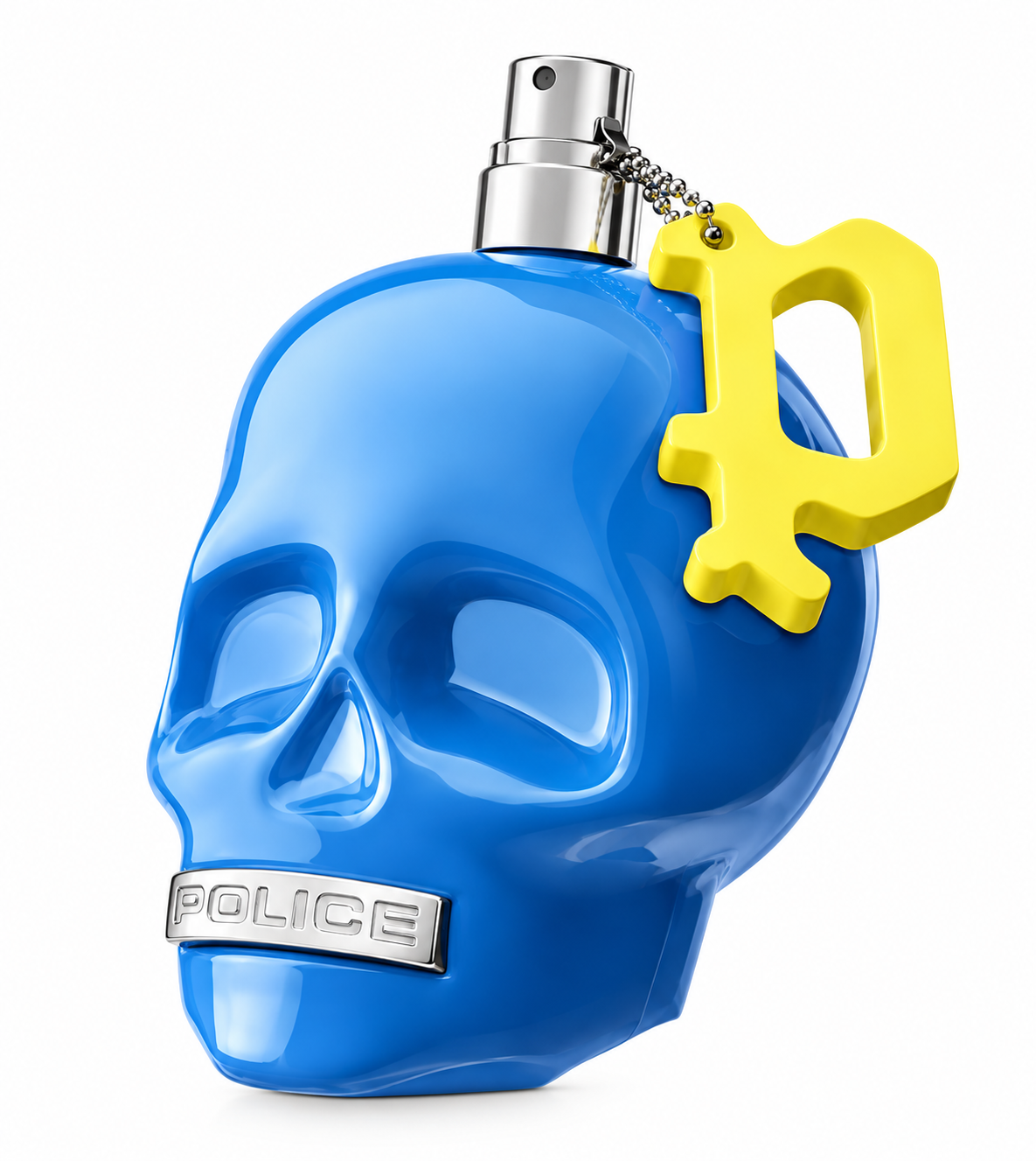 Police To Be Goodvibes Eau de Toilette in its distinctive glossy electric-blue skull-shaped bottle, featuring a polished silver spray top, metallic POLICE plaque and signature bright yellow emblem charm, photographed against a clean pure white background.