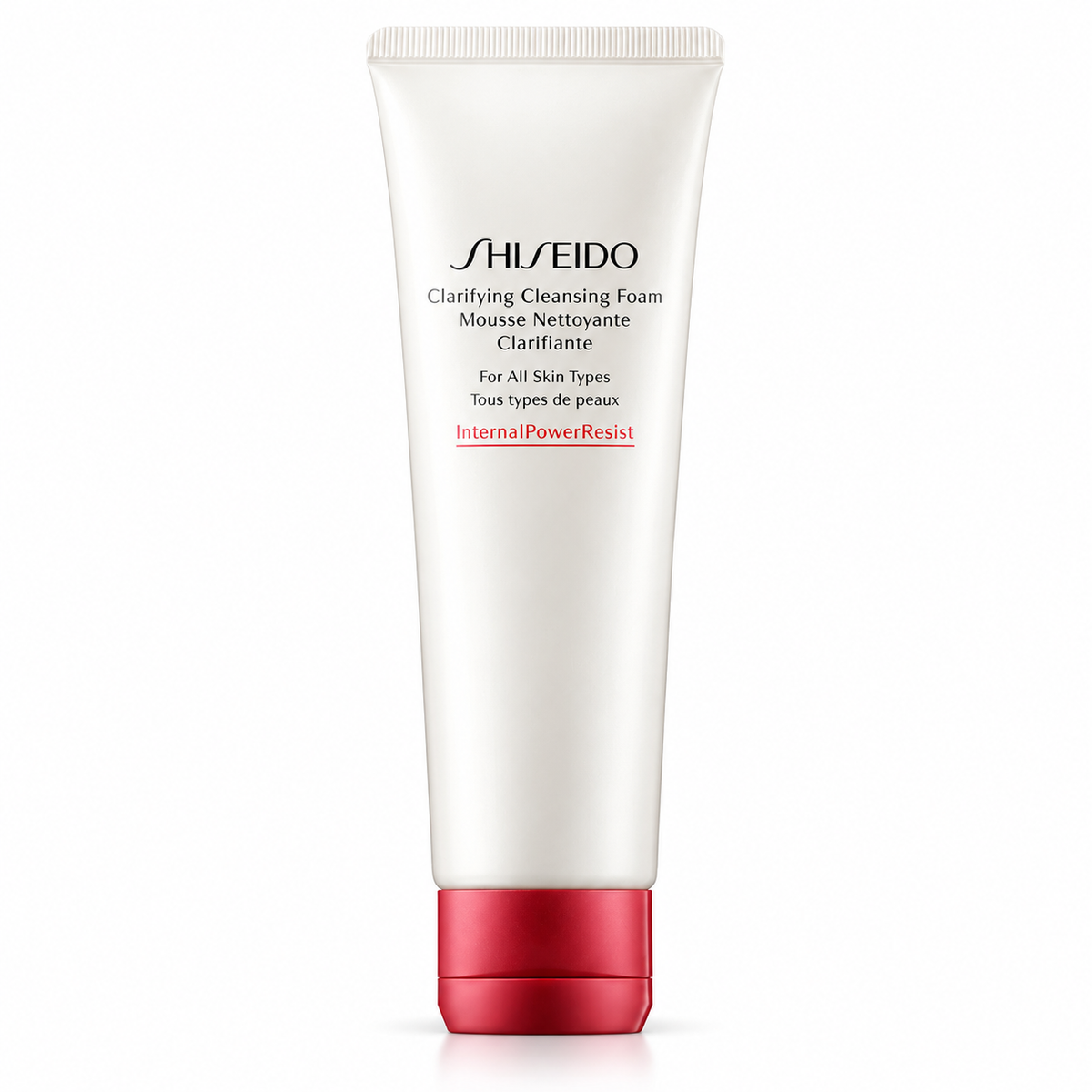 Shiseido Clarifying Cleansing Foam with InternalPowerResist technology in an elegant white tube with a metallic red cap, photographed against a pure white background. Premium facial cleansing foam for all skin types, designed to remove impurities and excess oil while leaving skin fresh and clean.