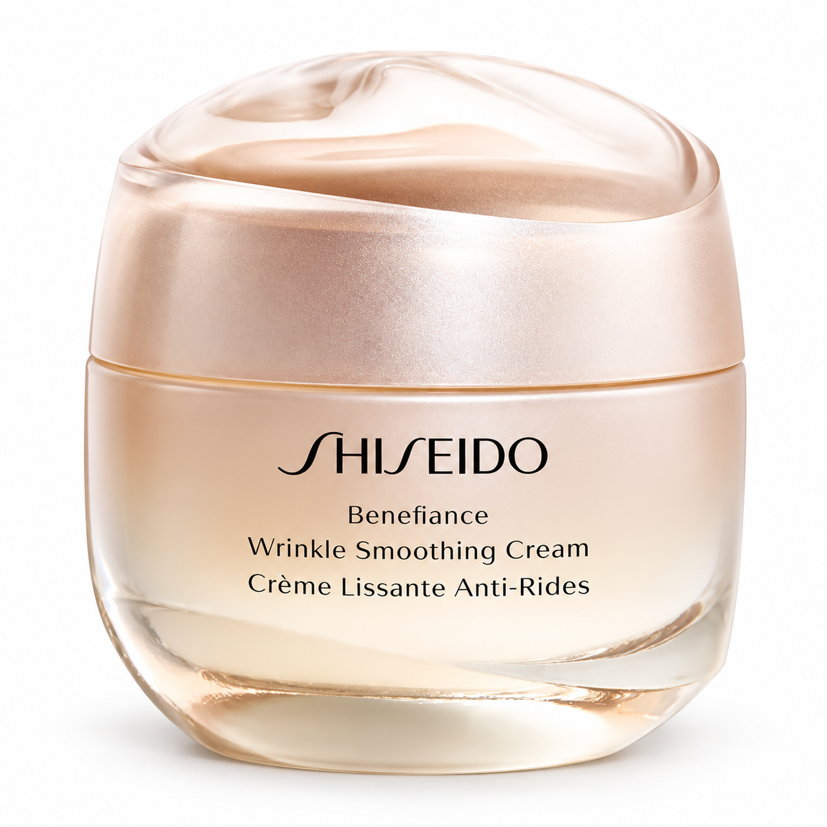 Shiseido Benefiance Wrinkle Smoothing Cream in an elegant champagne-colored glass jar with a pearlescent lid, photographed against a pure white background. Luxury anti-aging facial moisturizer designed to hydrate skin and reduce the appearance of fine lines and wrinkles.