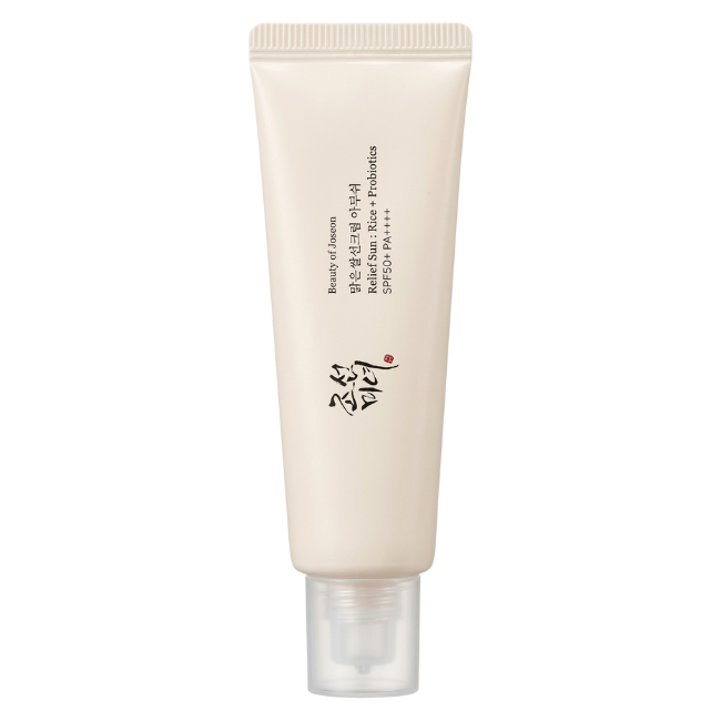 Beauty of Joseon Relief Sun cream in a minimalist off-white squeeze tube with black text, featuring rice and probiotics for sun protection.